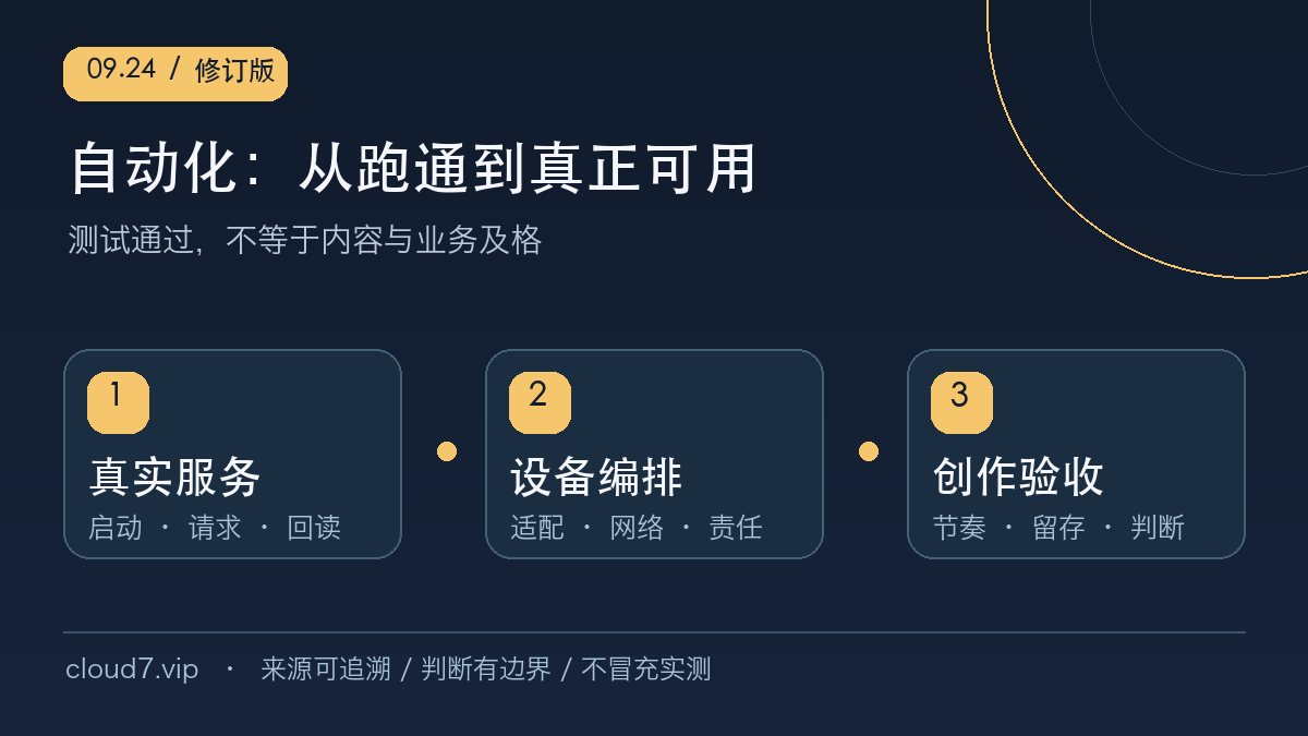 自动化从跑通到真正可用：真实服务、设备编排、创作验收