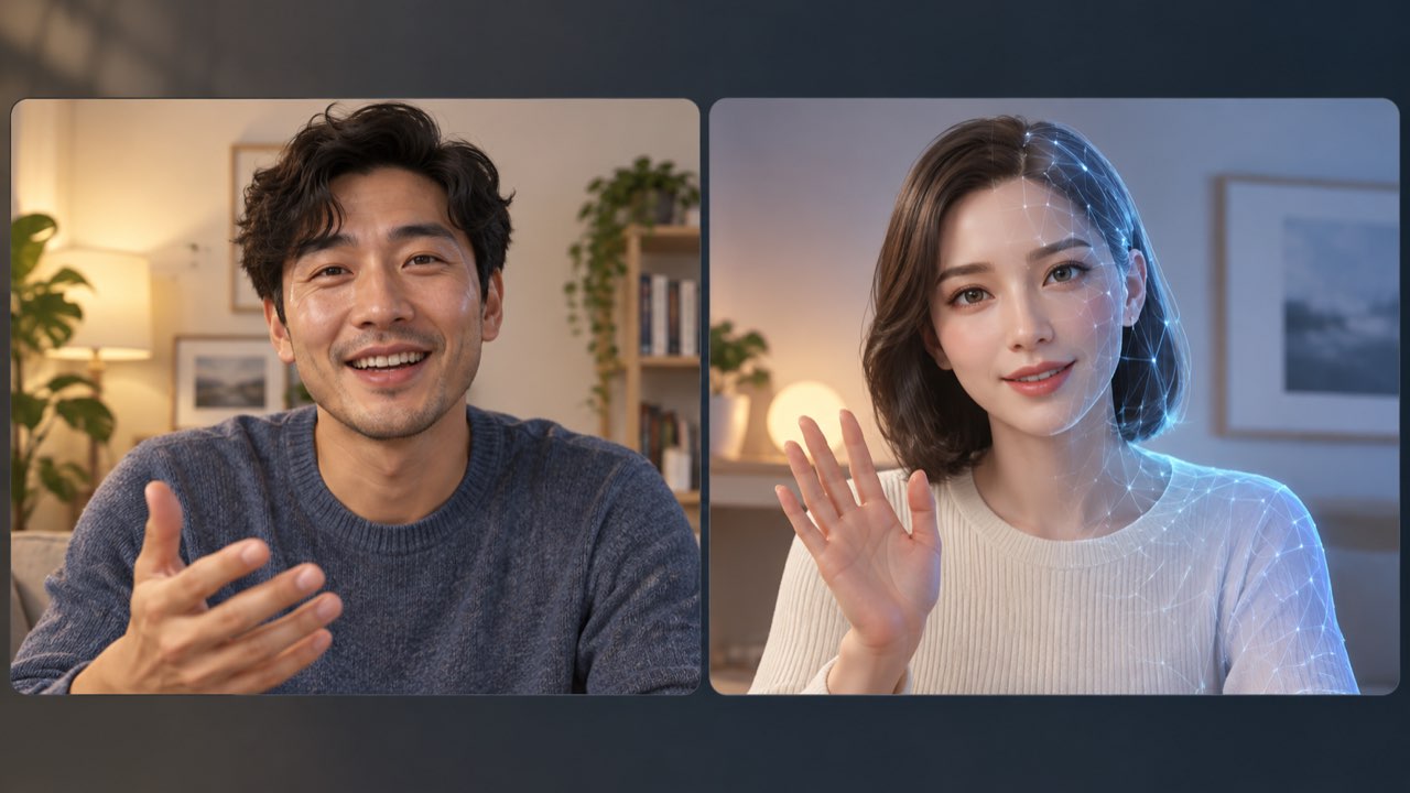 真人与数字人视频通话的原创概念示意，数字人物以可见网格区分，非Tavus实测截图。