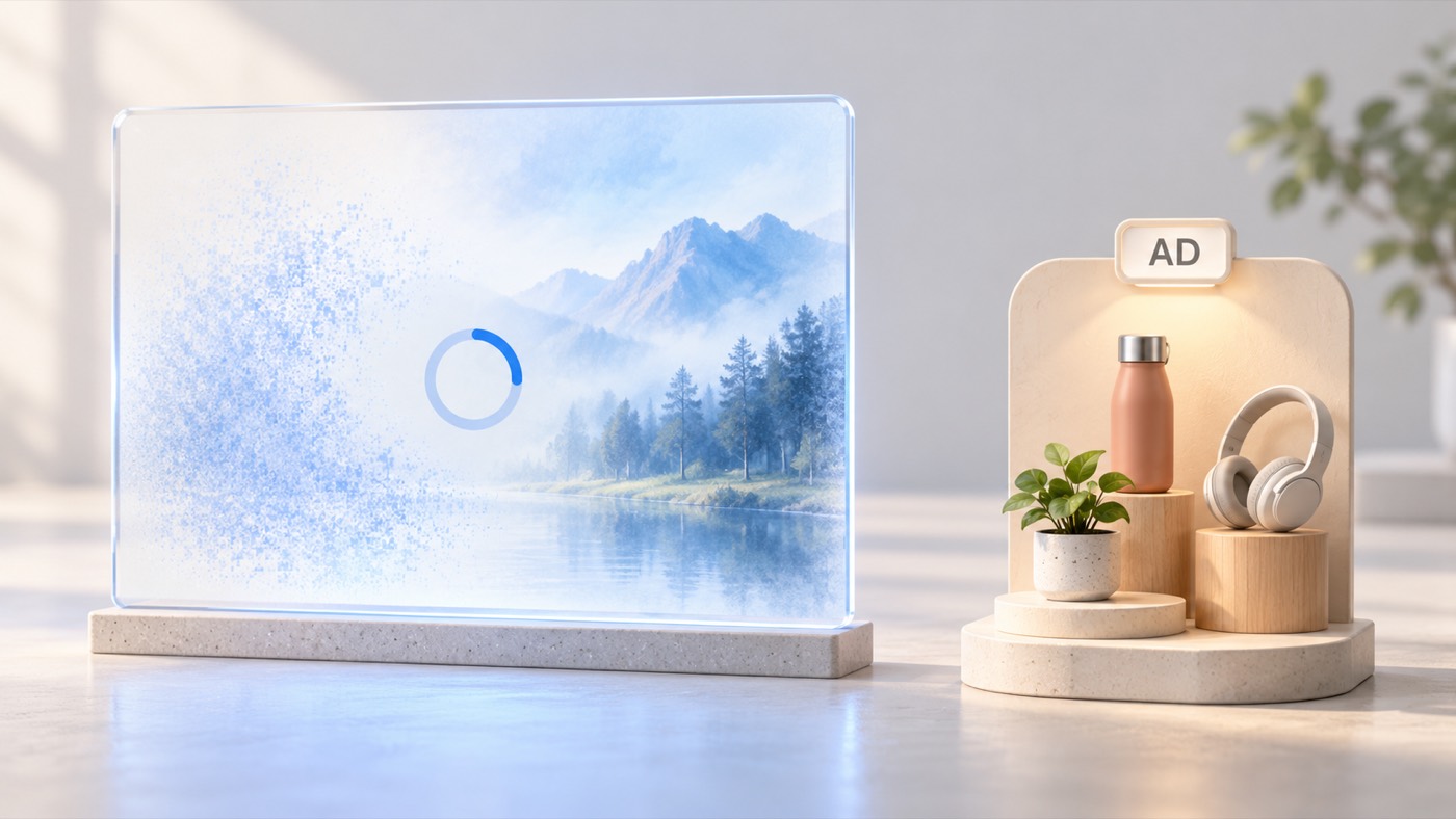 原创概念示意：等待生成的画面与标有AD的独立商品展示分开，不是实际产品界面。